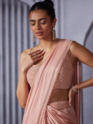 Pritika Vora - Onion Pink Pearl Embroidered Pre Draped Saree Set - Image 2