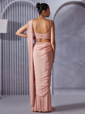 Pritika Vora - Onion Pink Pearl Embroidered Pre Draped Saree Set - Image 3