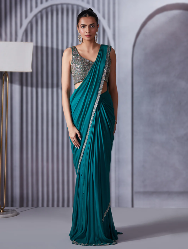 Pritika Vora - Turquoise Pre Draped Saree Set