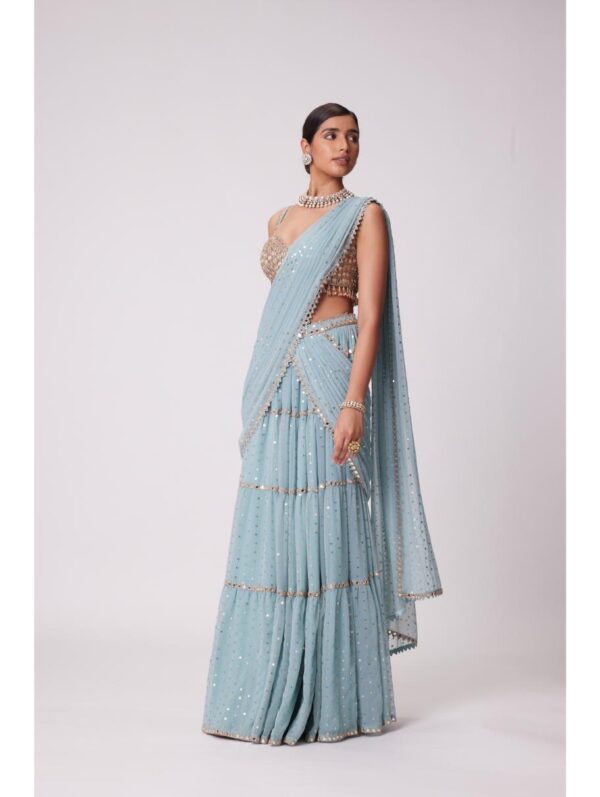 Vvani Vats - POWDER BLUE MULTI TIER HAND EMBROIDERED SAREE SET