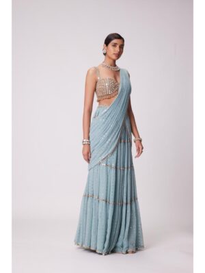 Vvani Vats - POWDER BLUE MULTI TIER HAND EMBROIDERED SAREE SET - Image 3