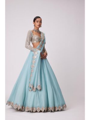 Vvani Vats - POWDER BLUE ORGANZA MIRROR EMBROIDERED LEHENGA SET - Image 3