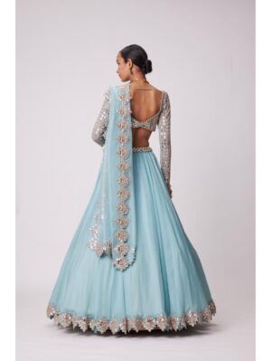 Vvani Vats - POWDER BLUE ORGANZA MIRROR EMBROIDERED LEHENGA SET - Image 2