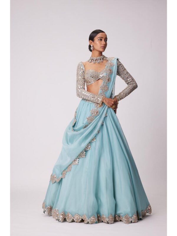 Vvani Vats - POWDER BLUE ORGANZA MIRROR EMBROIDERED LEHENGA SET