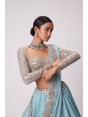 Vvani Vats - POWDER BLUE ORGANZA MIRROR EMBROIDERED LEHENGA SET - Image 4