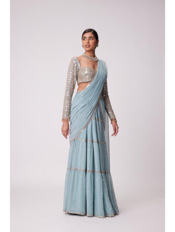 Vvani Vats - POWDER BLUE MULTI TIER HAND EMBROIDERED SAREE SET