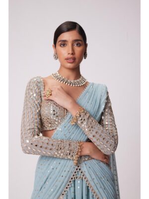 Vvani Vats - POWDER BLUE MULTI TIER HAND EMBROIDERED SAREE SET - Image 4