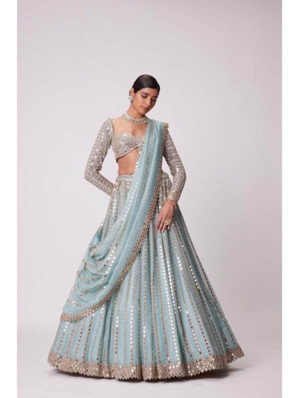 Vvani Vats - POWDER BLUE LINEAR EMBROIDERED LEHENGA SET
