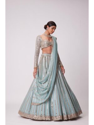 Vvani Vats - POWDER BLUE LINEAR EMBROIDERED LEHENGA SET - Image 3