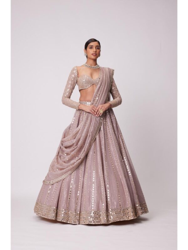 Vvani Vats -ASH PINK SEQUIN AND MIRROR EMBROIDERED LEHENGA SET