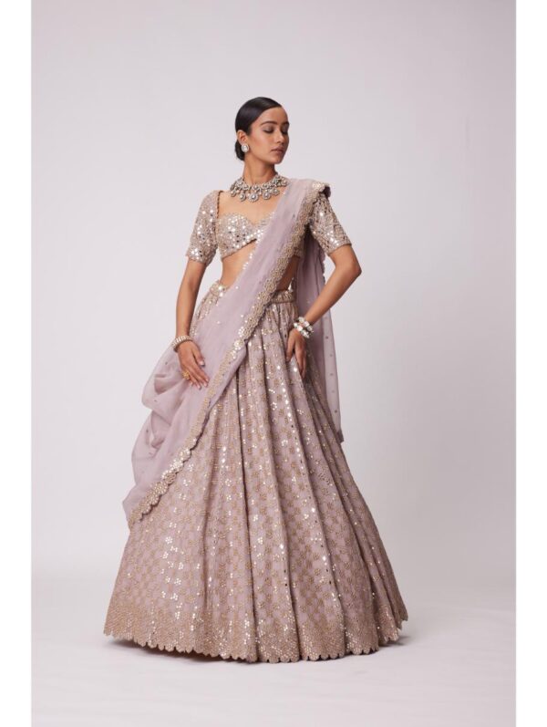 Vvani Vats -ASH PINK MIRROR FLOWER EMBROIDERED LEHENGA SET