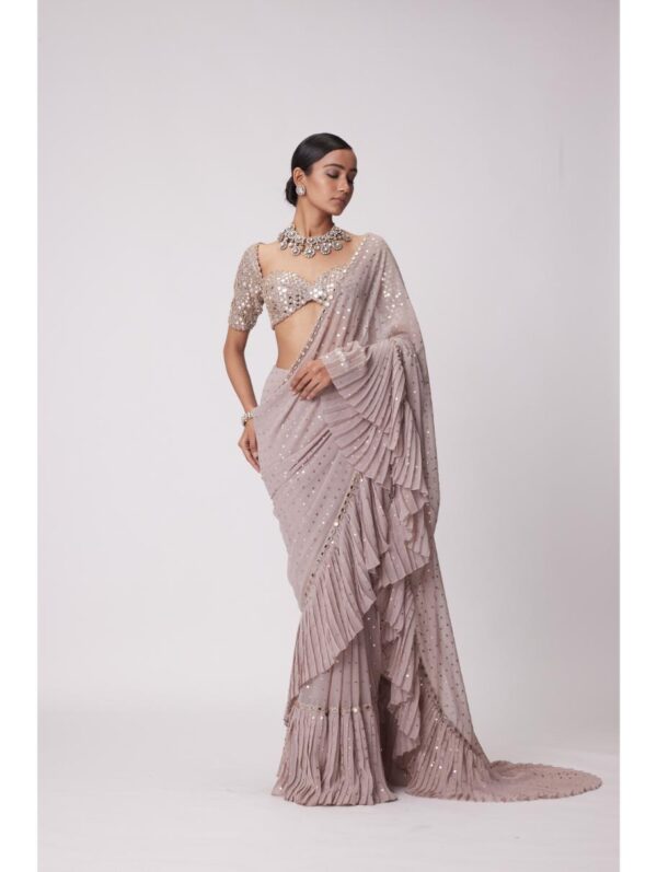 Vvani Vats -ASH PINK GEORGETTE FRILL SAREE SET