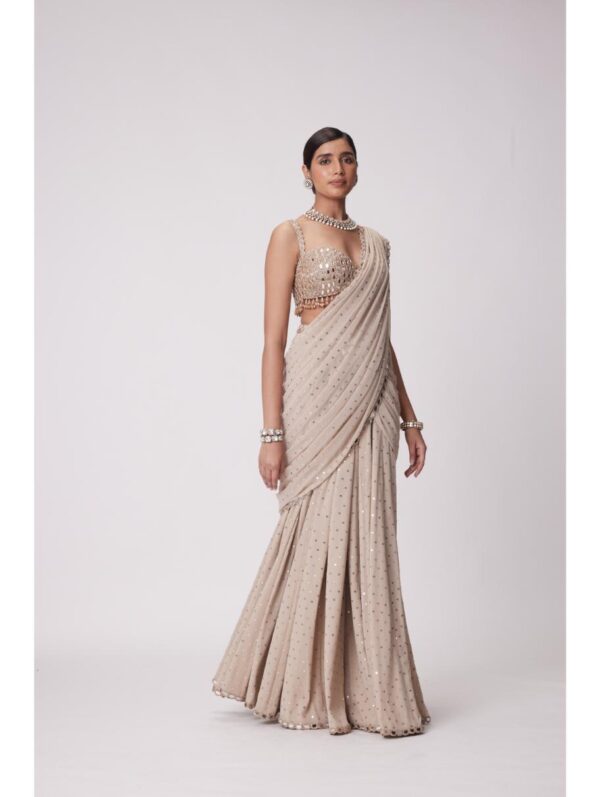 Vvani Vats - LIGHT BEIGE GEORGETTE PRE DRAPED SAREE SET