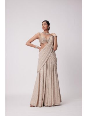 Vvani Vats - LIGHT BEIGE GEORGETTE PRE DRAPED SAREE SET - Image 4