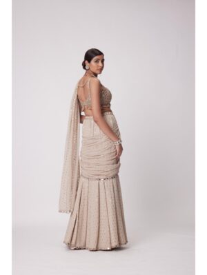 Vvani Vats - LIGHT BEIGE GEORGETTE PRE DRAPED SAREE SET - Image 5
