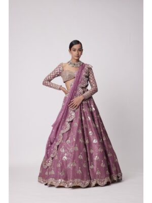 Vvani Vats - MUD MAUVE SEQUIN AND FLOWER EMBROIDERED LEHENGA SET - Image 3