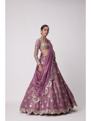 Vvani Vats - MUD MAUVE SEQUIN AND FLOWER EMBROIDERED LEHENGA SET - Image 2