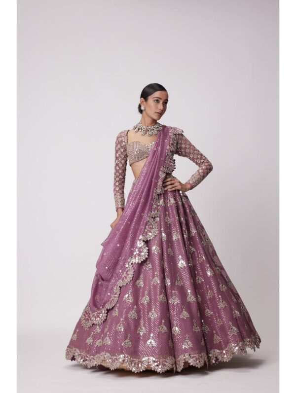 Vvani Vats - MUD MAUVE SEQUIN AND FLOWER EMBROIDERED LEHENGA SET