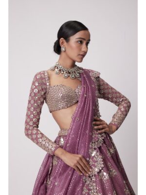 Vvani Vats - MUD MAUVE SEQUIN AND FLOWER EMBROIDERED LEHENGA SET - Image 4