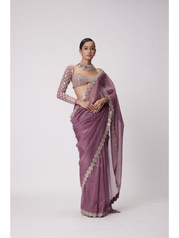 Vvani Vats - MUD MAUVE HAND EMBROIDERED ORGANZA SAREE SET