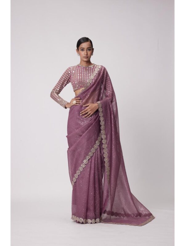 Vvani Vats - MUD MAUVE HAND EMBROIDERED SAREE SET