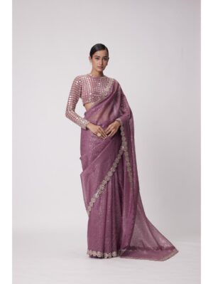 Vvani Vats - MUD MAUVE HAND EMBROIDERED SAREE SET - Image 5