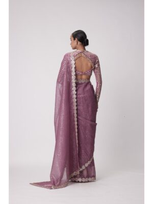 Vvani Vats - MUD MAUVE HAND EMBROIDERED SAREE SET - Image 4