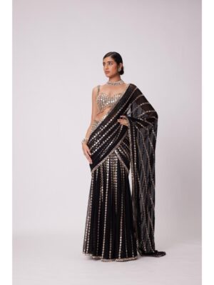 Vvani Vats - BLACK PRE DRAPED HAND EMBROIDERED SAREE SET - Image 4