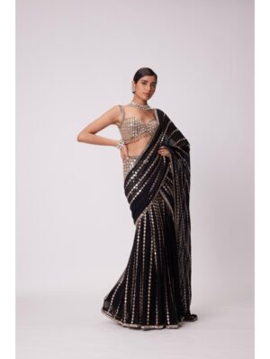 Vvani Vats - BLACK PRE DRAPED HAND EMBROIDERED SAREE SET - Image 3
