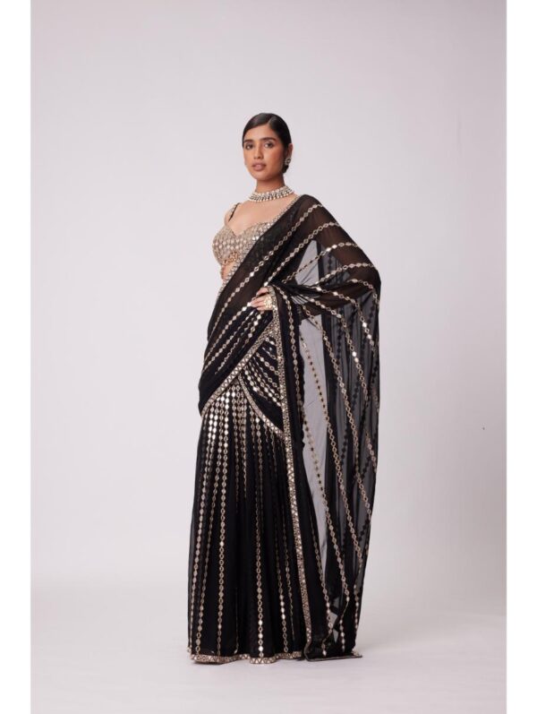 Vvani Vats - BLACK PRE DRAPED HAND EMBROIDERED SAREE SET