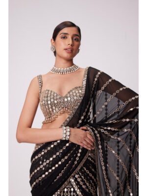 Vvani Vats - BLACK PRE DRAPED HAND EMBROIDERED SAREE SET - Image 2