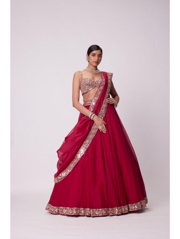 Vvani Vats - CRIMSON RED ORGANZA HAND EMBROIDERED LEHENGA SET