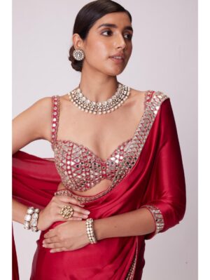 Vvani Vats - CRIMSON RED SATIN SAREE SET - Image 3