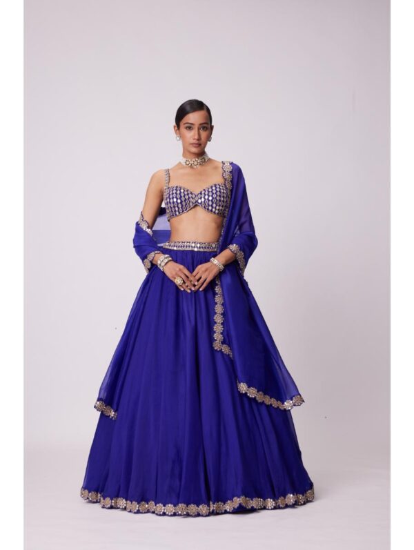 Vvani Vats - PERSIAN BLUE LINEAR MIRROR EMBROIDERED LEHENGA SET