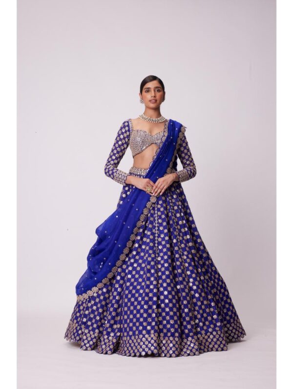 Vvani Vats -PERSIAN BLUE MIRROR FLOWER HAND EMBROIDERED LEHENGA