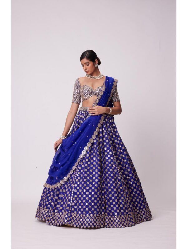 Vvani Vats - PERSIAN BLUE MIRROR FLOWER EMBROIDERED LEHENGA SET