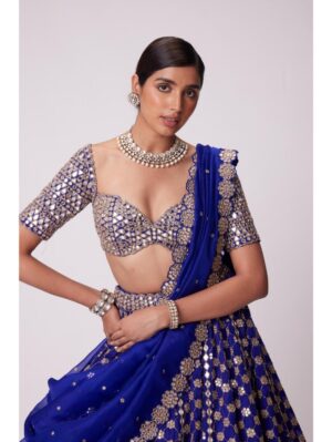 Vvani Vats - PERSIAN BLUE MIRROR FLOWER EMBROIDERED LEHENGA SET - Image 4