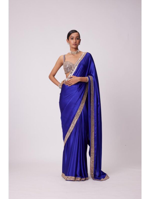 Vvani Vats - PERSIAN BLUE HAND EMBROIDERED SATIN SAREE SET