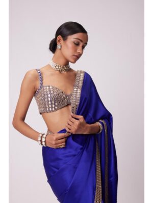 Vvani Vats - PERSIAN BLUE HAND EMBROIDERED SATIN SAREE SET - Image 3