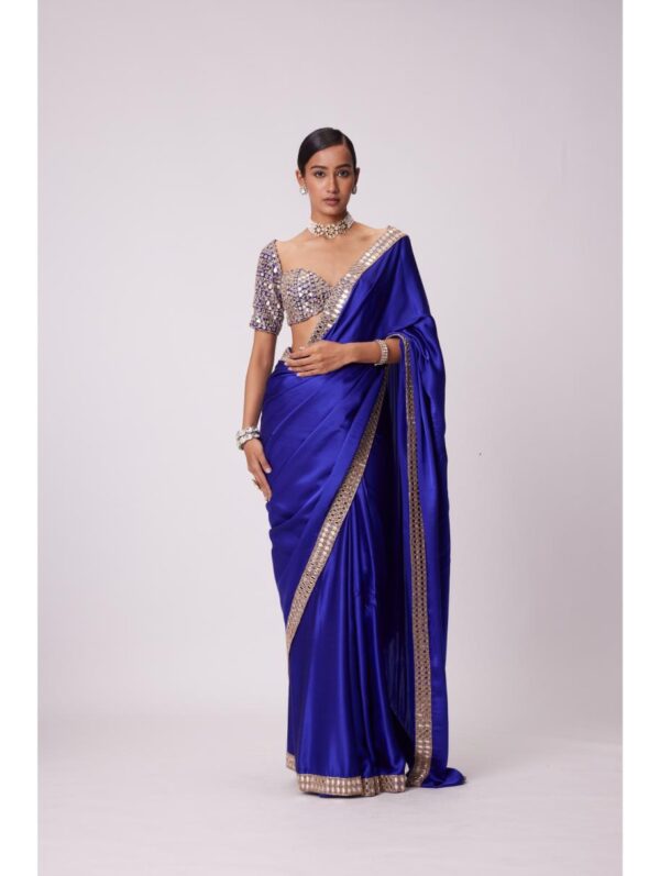 Vvani Vats - PERSIAN BLUE MIRROR EMBROIDERED SATIN SAREE SET