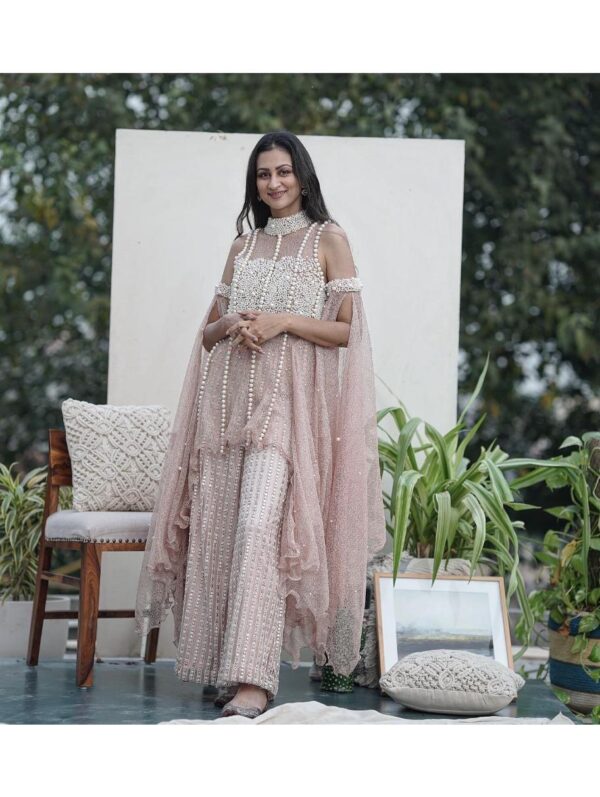 Mehul Gupta - pearl & rhinestone embroidered salmon pink palazzo and bustier
