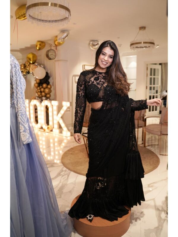 Mehul Gupta - PRE-STITCHED EMBROIDRED SAREE IN RED BLACK