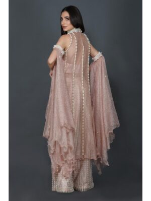 Mehul Gupta - pearl & rhinestone embroidered salmon pink palazzo and bustier - Image 3