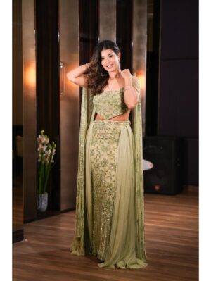 Mehul Gupta -Light green crystals embroidered skirt & blouse - Image 2