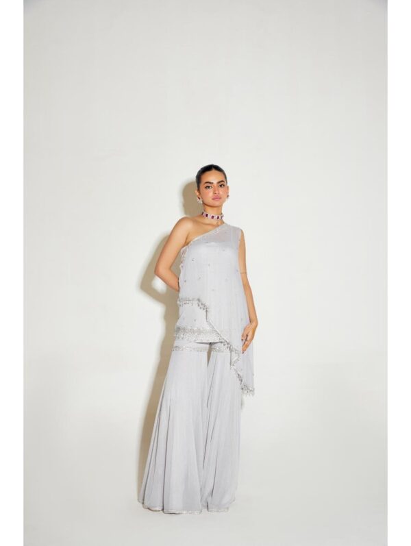 Sanya Gulati - GREY ONE SHOULDER CAPE AND SHARARA SET