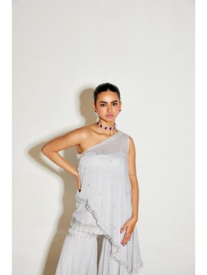Sanya Gulati - GREY ONE SHOULDER CAPE AND SHARARA SET - Image 4