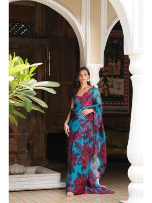 Astha Narang - TURQUISE FLORAL SAREE SET - Image 2