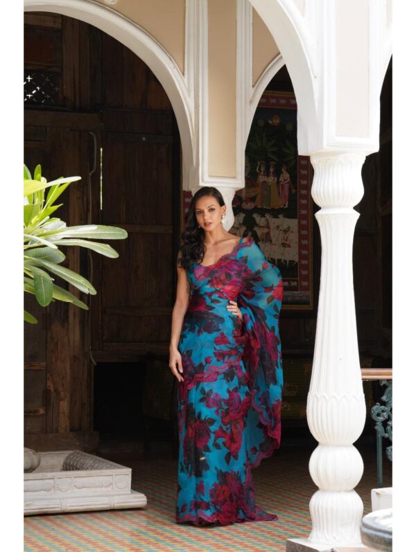 Astha Narang - TURQUISE FLORAL SAREE SET