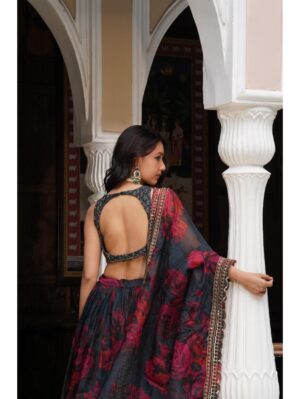 Astha Narang - TEAL BLUE FLORAL LEHENGA SET - Image 2