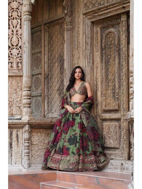 Astha Narang - MEHENDI GREEN FLORAL LEHENGA SET